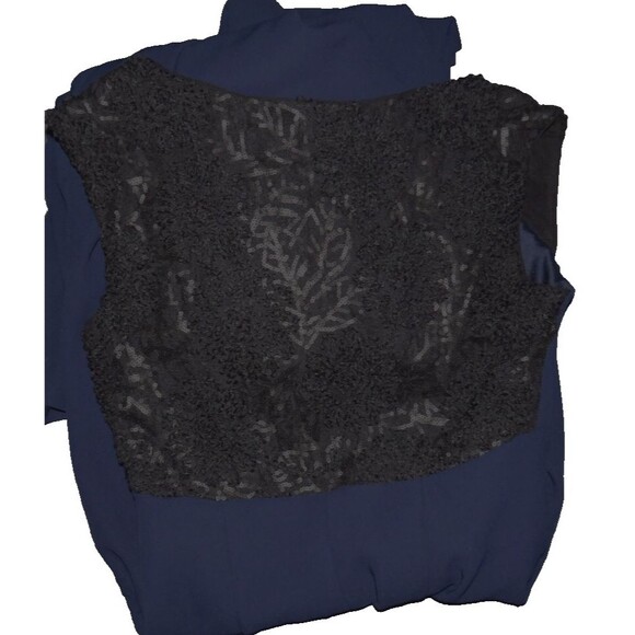 Vera Wang Navy Lace Trimmed V Neck Sleeveless Floor Length Formal Gown Size 4 - Picture 14 of 16